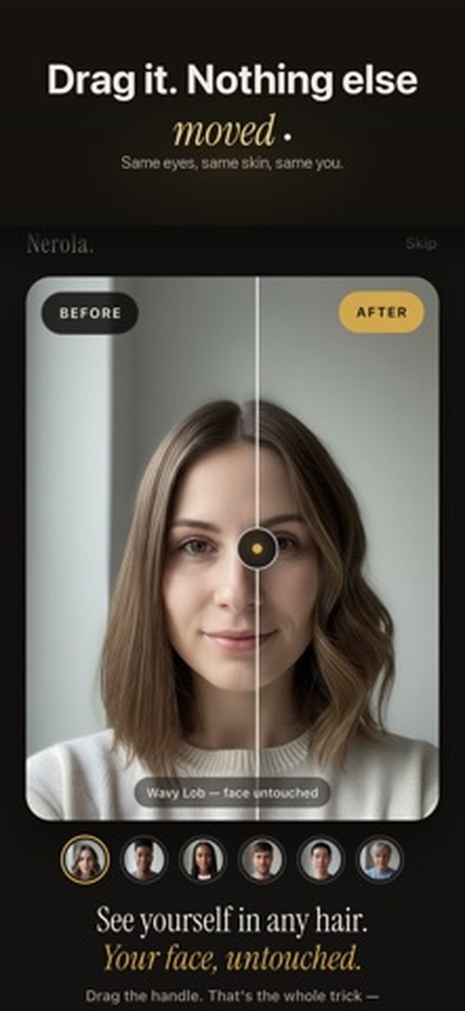 Nerola screenshot: a before and after slider showing a new hairstyle on the same face.