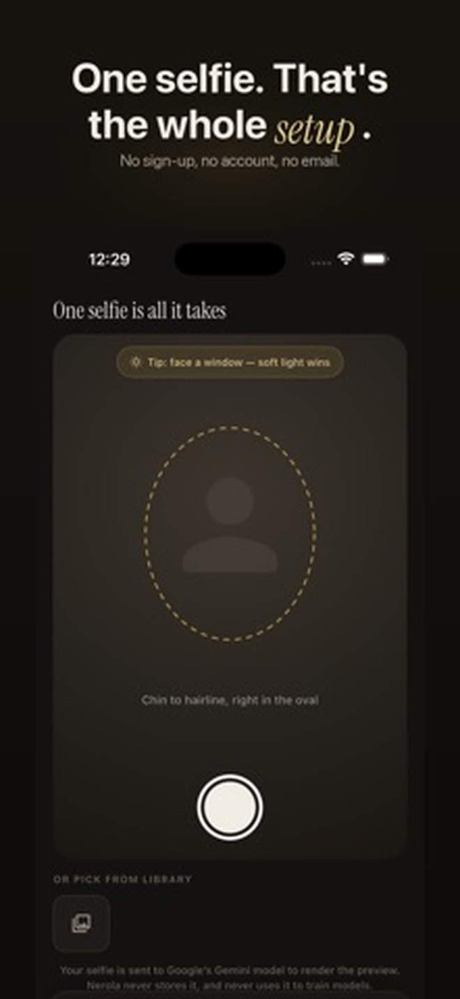 Nerola screenshot: the capture screen, where one selfie is the whole setup.